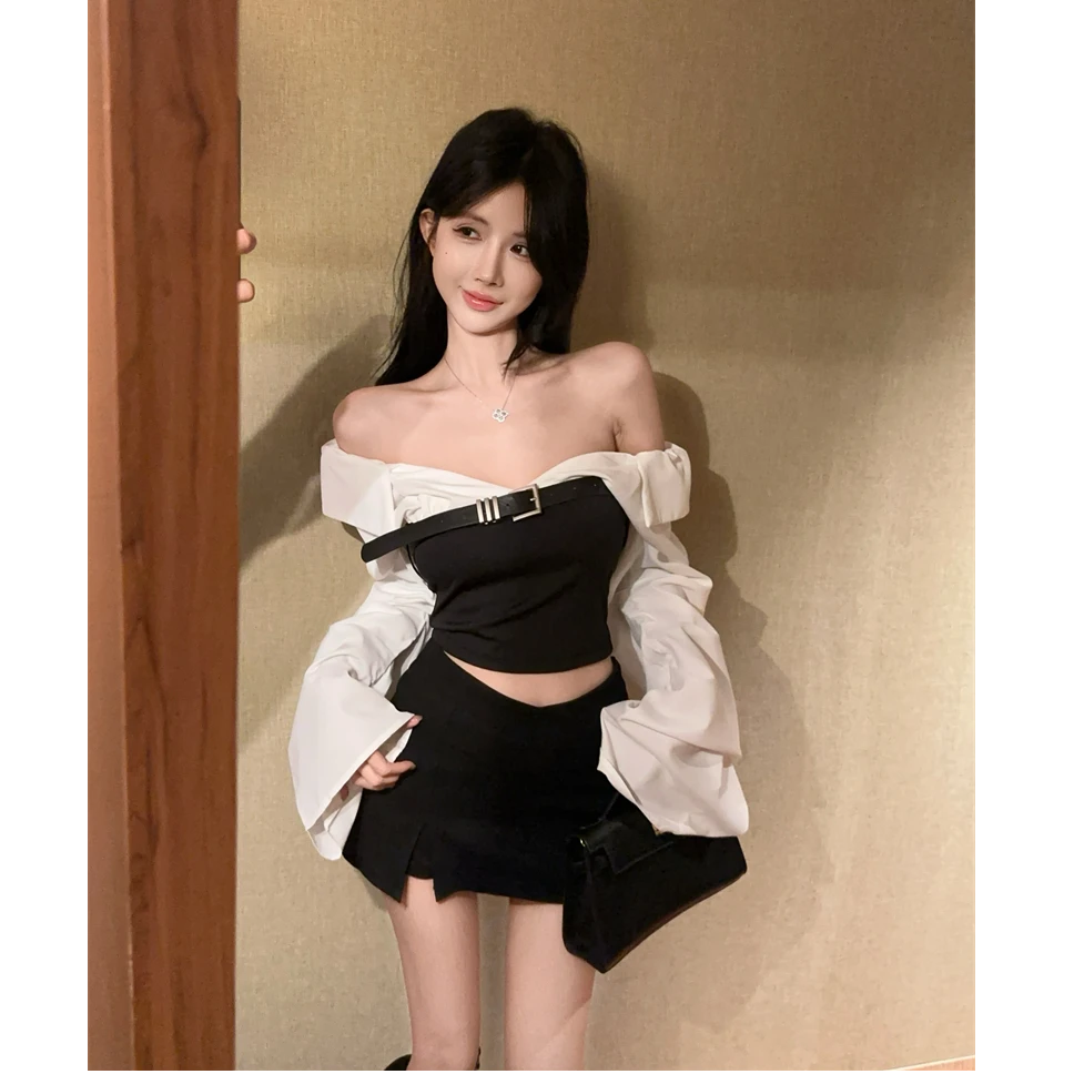 盐系俏皮千金黑白撞色露肩T恤设计感显瘦百搭上衣半身裙裤两件套