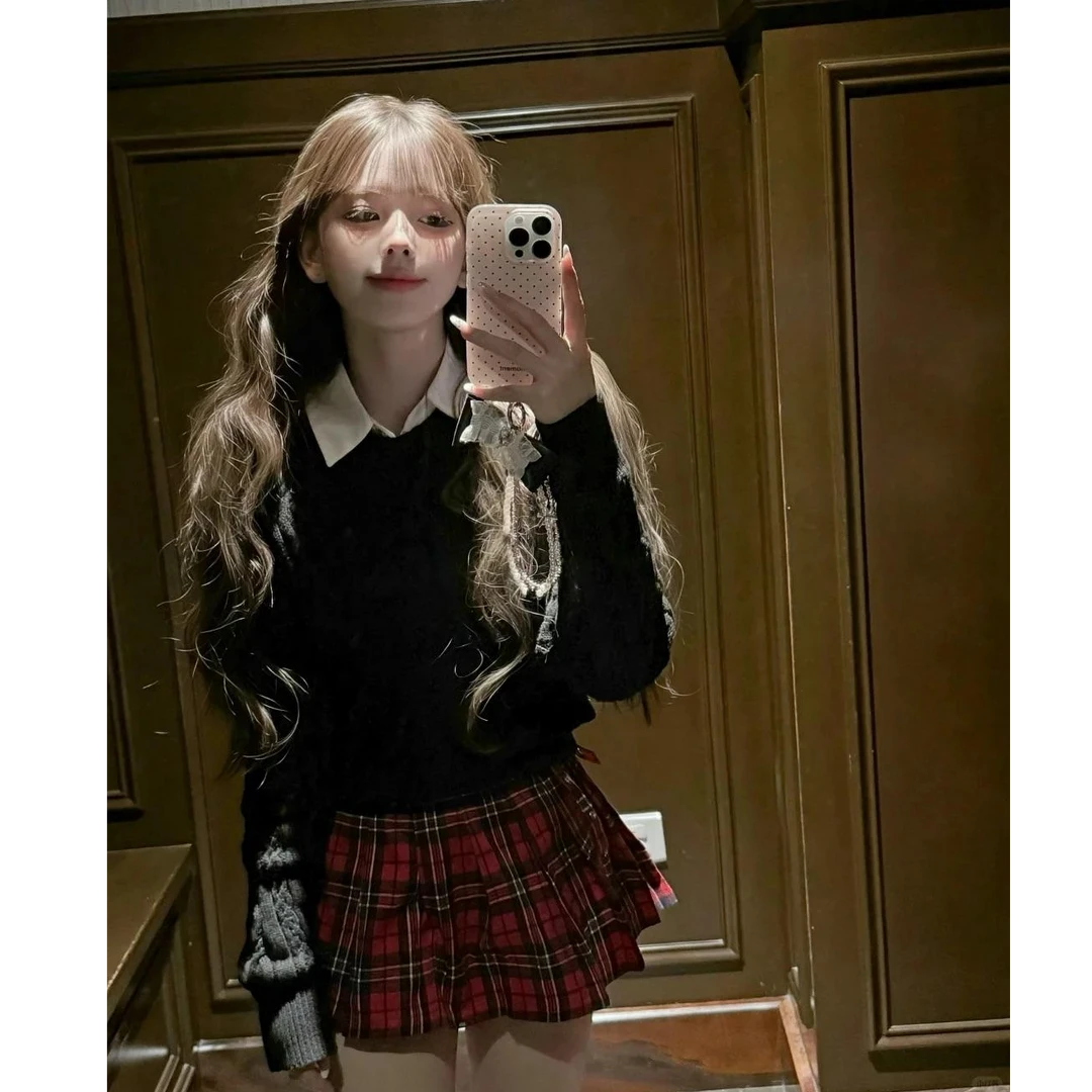 韩系甜美少女2024秋冬新款假两件拼接衬衫软糯针织上衣配格纹短裙