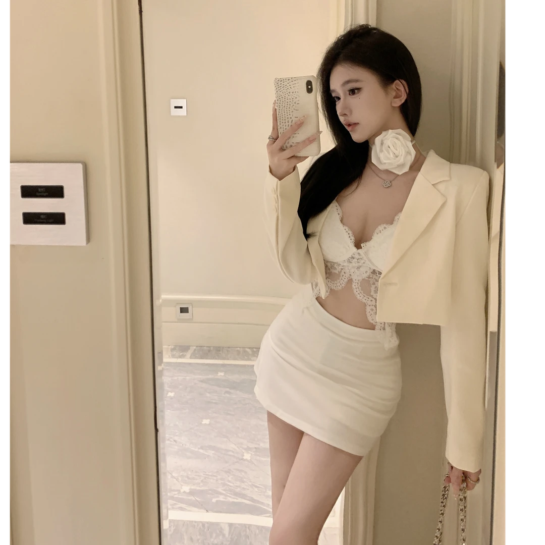 秋冬短款西装外套纯欲性感蕾丝吊带玫瑰立体花朵时尚短裙气质套装
