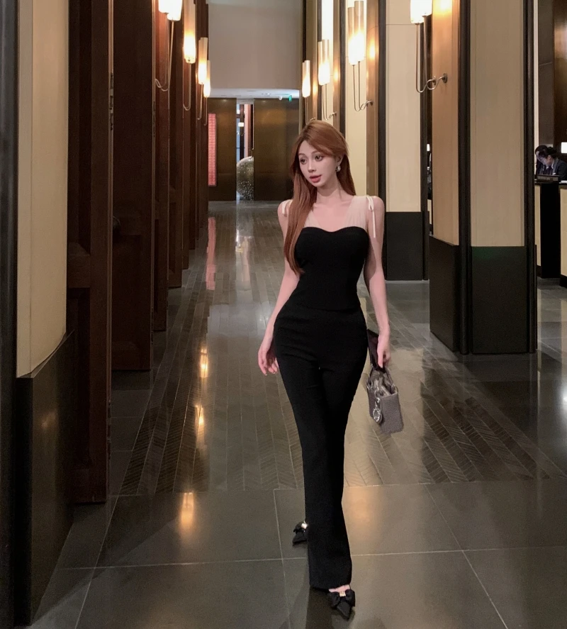 名媛纯欲修身显瘦蝴蝶结拼接网纱吊带背心女春季新款休闲裤套装潮