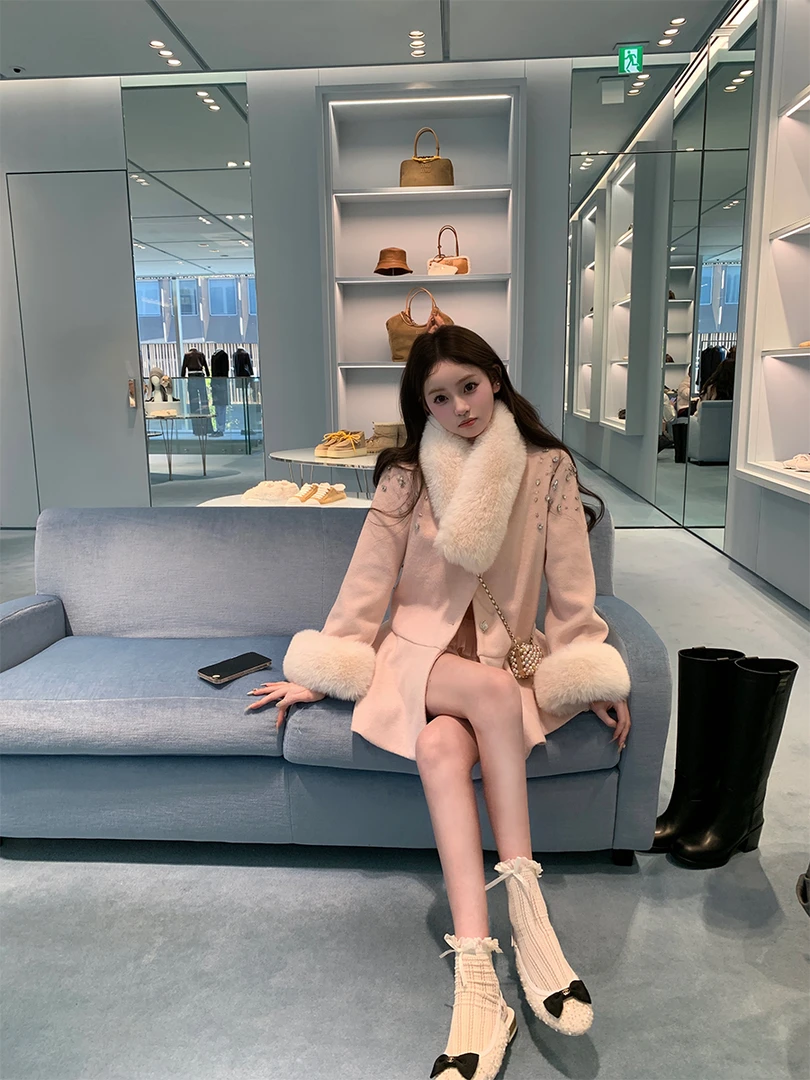 【昭和千金】高级感设计气质双色镶砖呢大衣女秋冬新款显瘦加厚外套