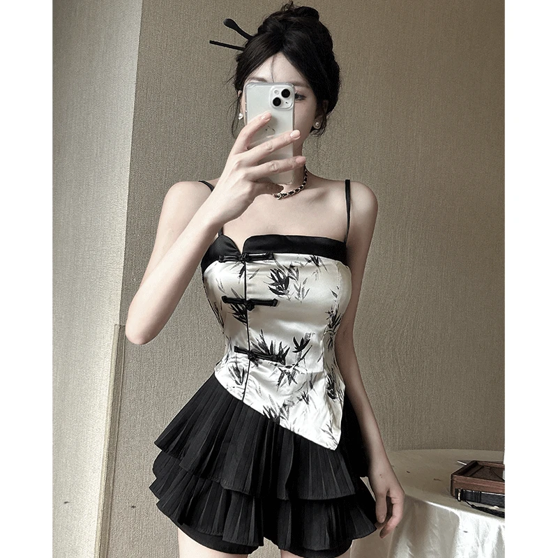 国风新中式复古水墨印花不规则百搭吊带女夏季新款高腰洋气蛋糕裙