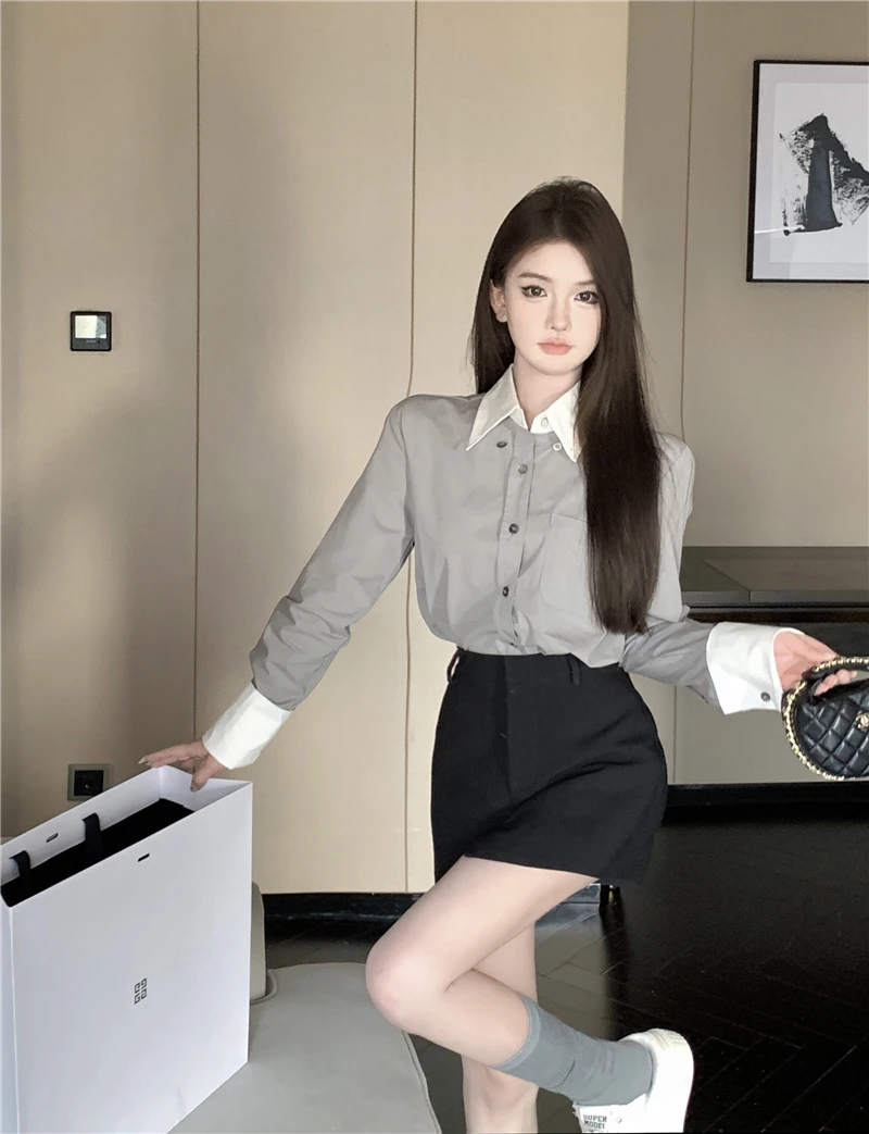 2025春季新款设计感气质撞色织带设计百搭长袖上衣衬衫女显瘦半裙