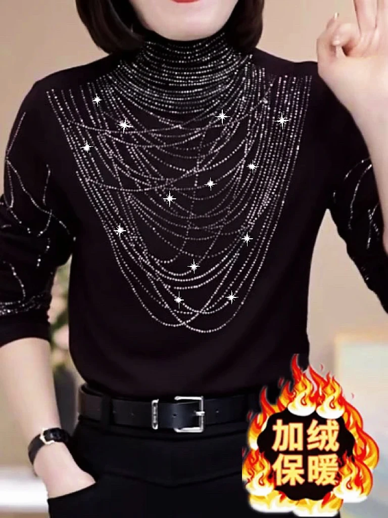 （满天星-半高领）2024秋冬百搭长袖烫钻新款洋气时尚打底衫女装