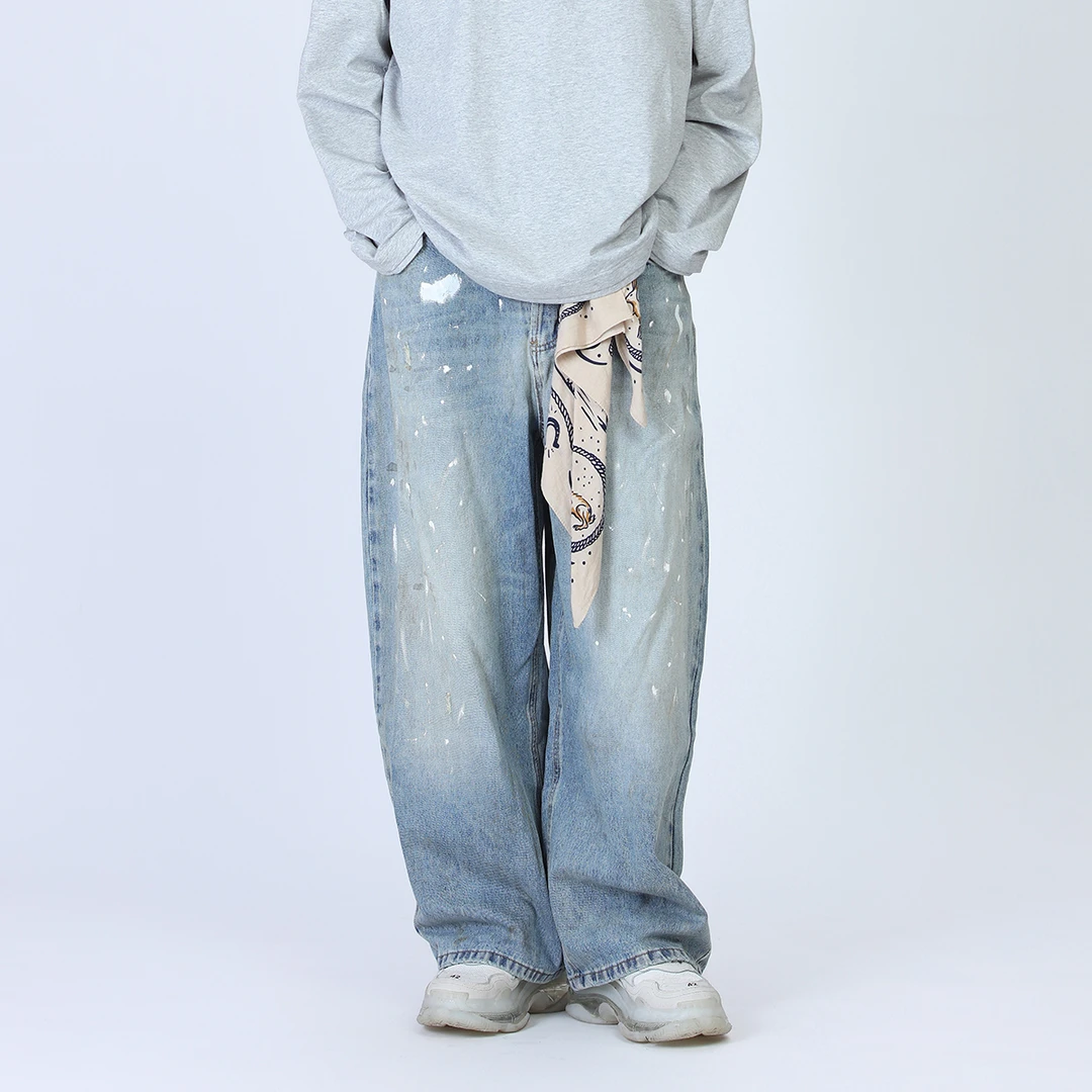【YOUTH CARVING】泼墨阔腿DirtyFit做脏磨破重水洗美式牛仔裤复古