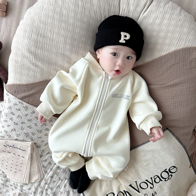 9654秋冬季宝宝加绒婴幼儿韩版连体衣外出哈衣