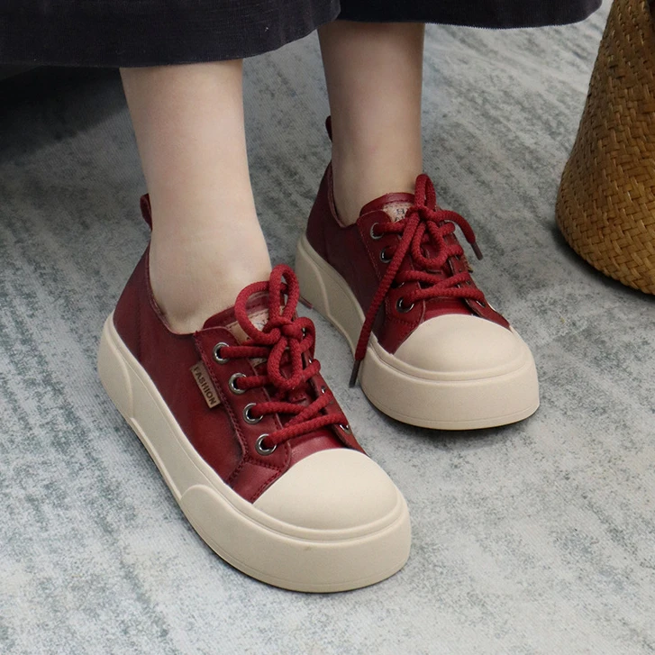 牛皮单鞋圆头包头系带休闲复古厚底低跟女单鞋春季新款百搭春秋