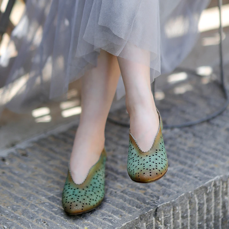 福利牛皮凉鞋镂空套脚软皮中跟舒适女鞋真皮复古凉鞋女夏新