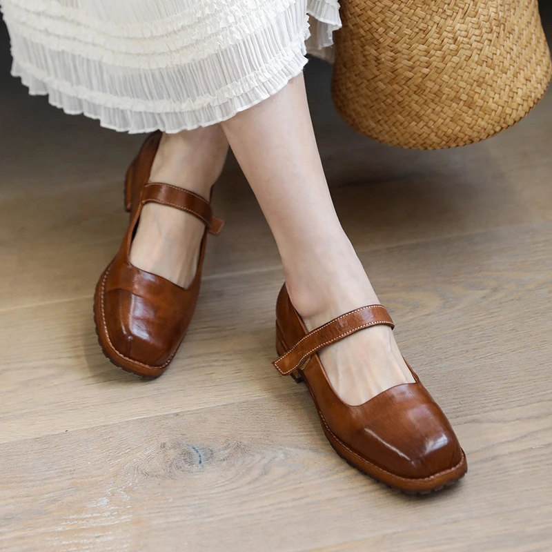 福利水洗马皮单鞋原创复古方头袢带质感百搭女单鞋春季新款浅口