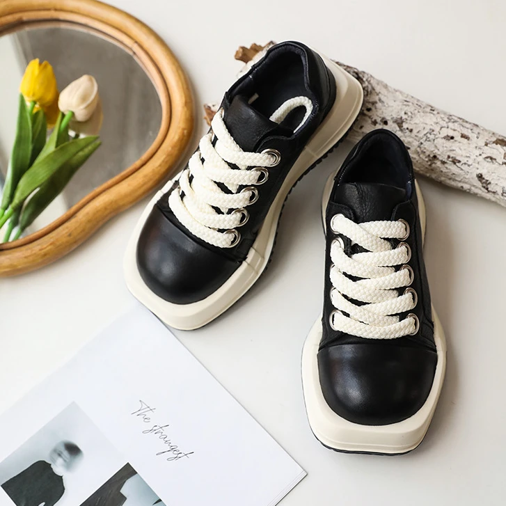 牛皮单鞋原创包头厚底防水台个性方头复古女单鞋秋季新款