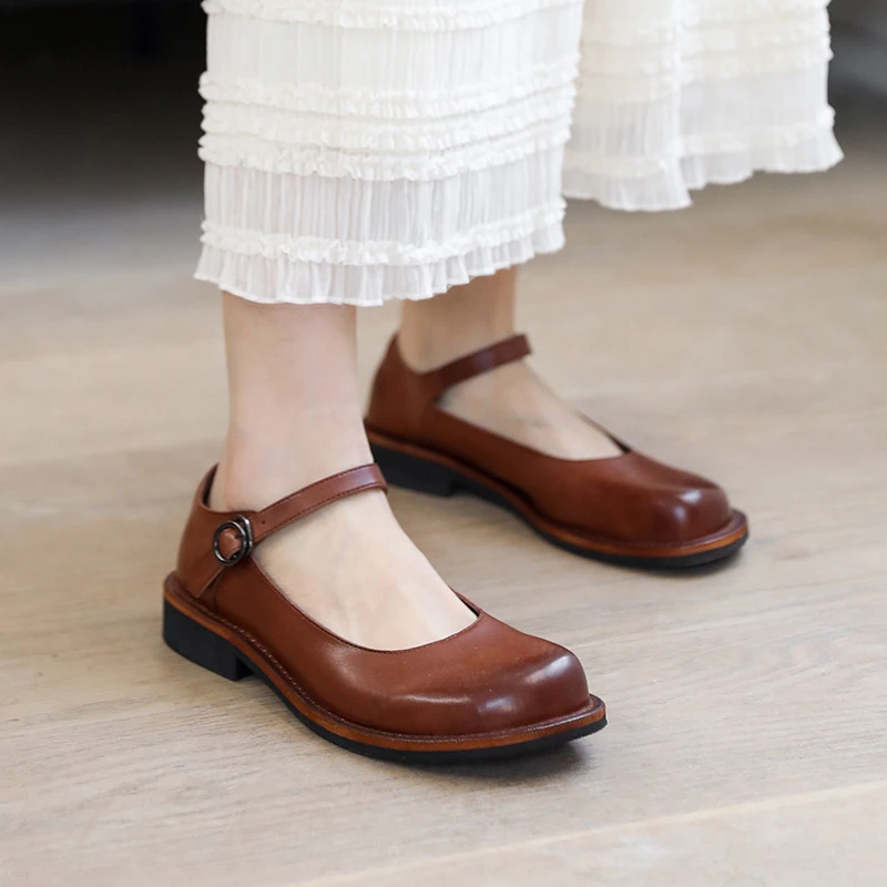 牛皮单鞋圆头低跟一字袢带休闲日系小皮鞋真皮春季新款单鞋