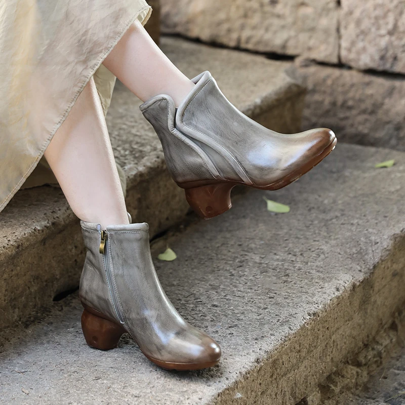 福利牛皮短靴圆头复古手工擦色粗跟百搭高跟女皮靴秋冬新款短靴