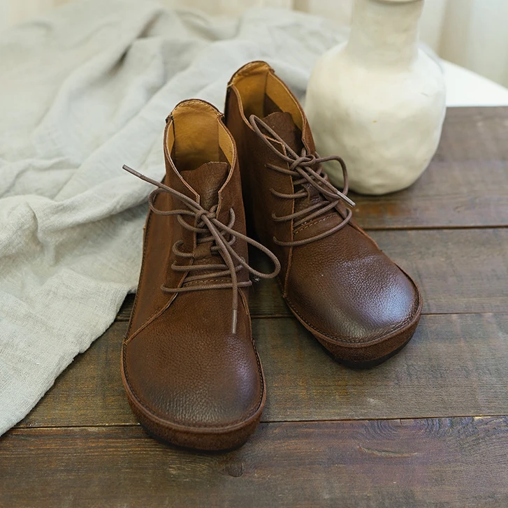 福利牛皮短靴圆头擦色复古森系女平跟短靴软底百搭秋季新款