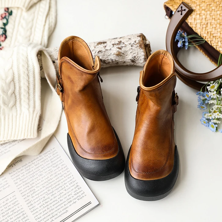 牛皮单靴包头秋冬新款平底复古女短靴圆头时尚烟筒靴百搭女靴
