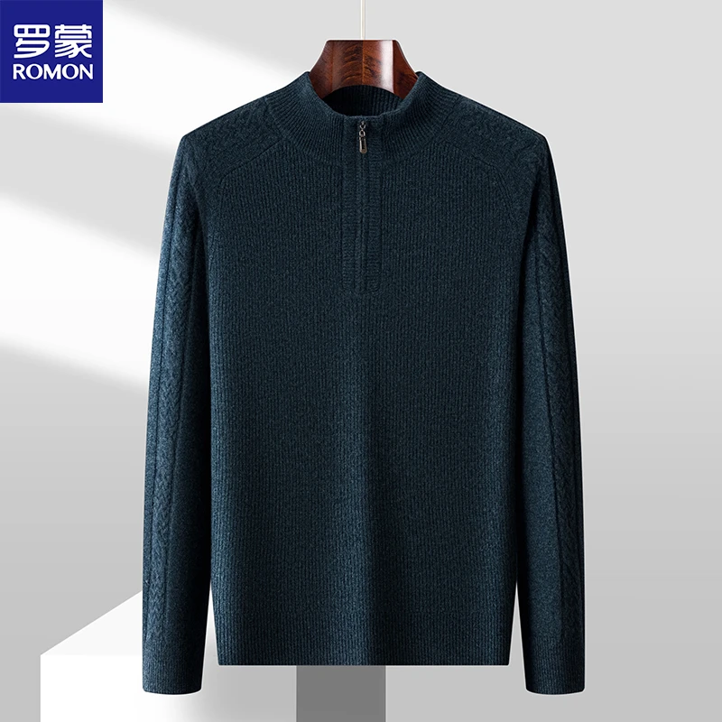 ROMON/罗蒙男士羊毛衫春秋季舒适拉链半高领时尚羊毛衫针织长袖