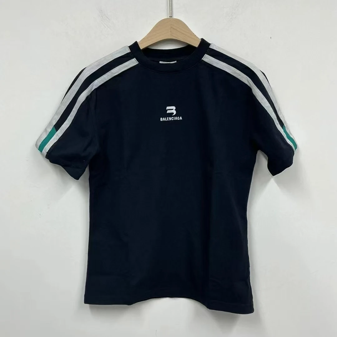 99新 Balenciaga/巴黎世家 双钩刺绣logo条纹短袖/L码