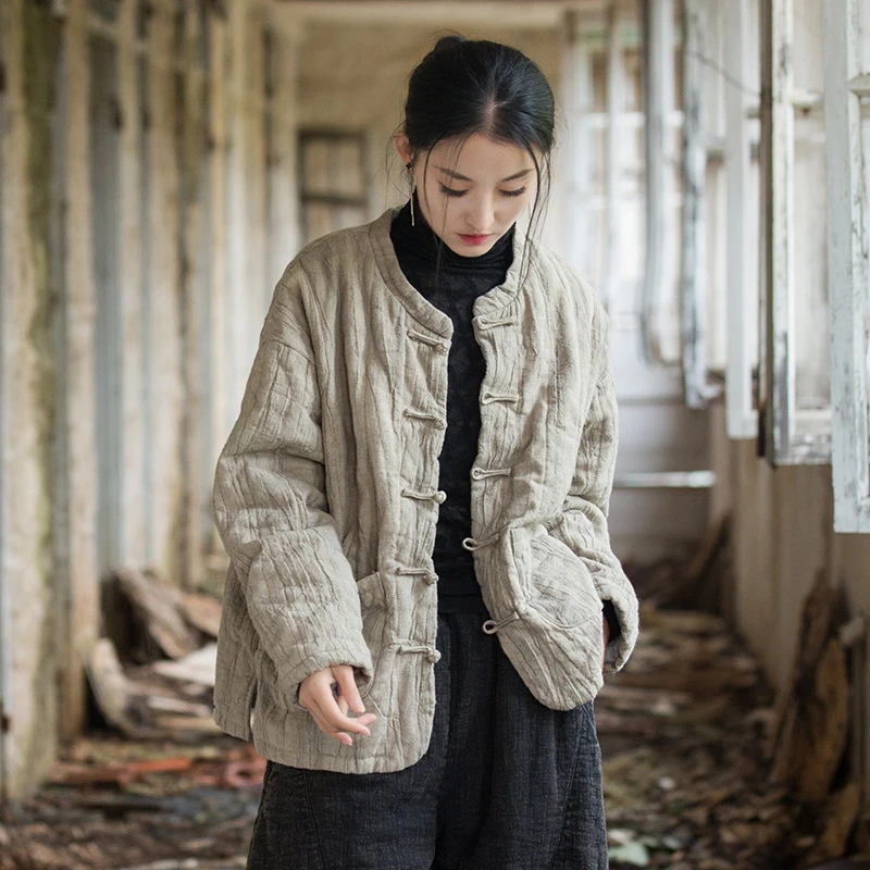冬季棉麻女装夹棉绗缝保暖棉服新款苎麻扎染改良个性女式保暖棉袄