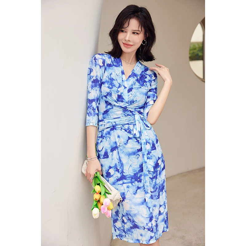 裹身裙气质微胖显瘦连衣裙遮肚子减龄夏新款女蓝色时尚印花夏季