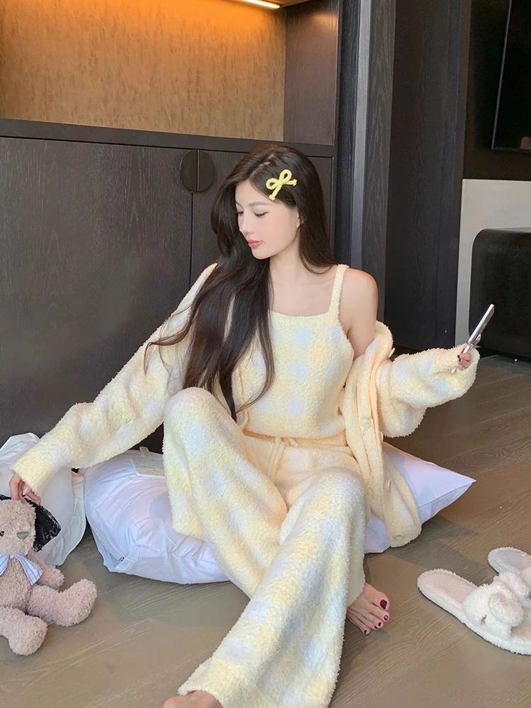 半边绒保暖冬季加厚新睡衣三件套家居服甜美可爱公主蝴蝶结可外穿