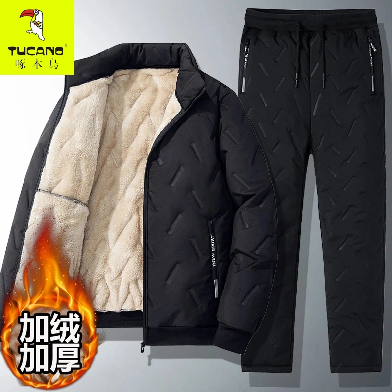 啄木鸟冬季羊羔绒棉衣男士外套加绒加厚棉袄棉服棉裤保暖套装大码