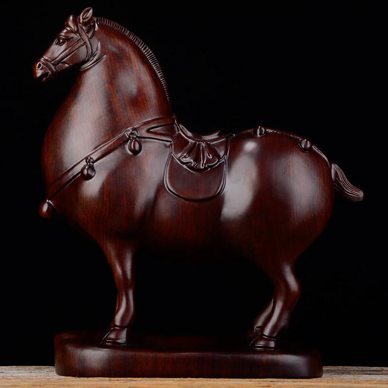 唐马黑檀木雕动物生肖马摆件家居装饰办公室开业红木工艺开业礼品