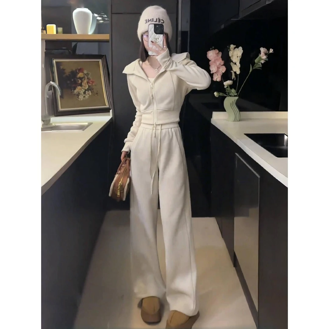 欧货洋气时尚运动休闲加绒套装2024秋冬连帽卫衣外套阔腿裤两件套