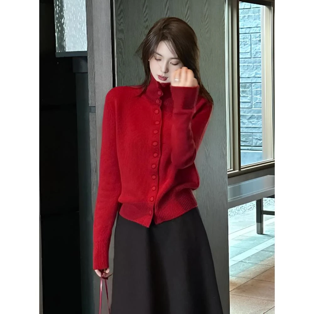 LZY 红色高领针织开衫毛衣女款新款冬季慵懒高级感小个子长袖上衣