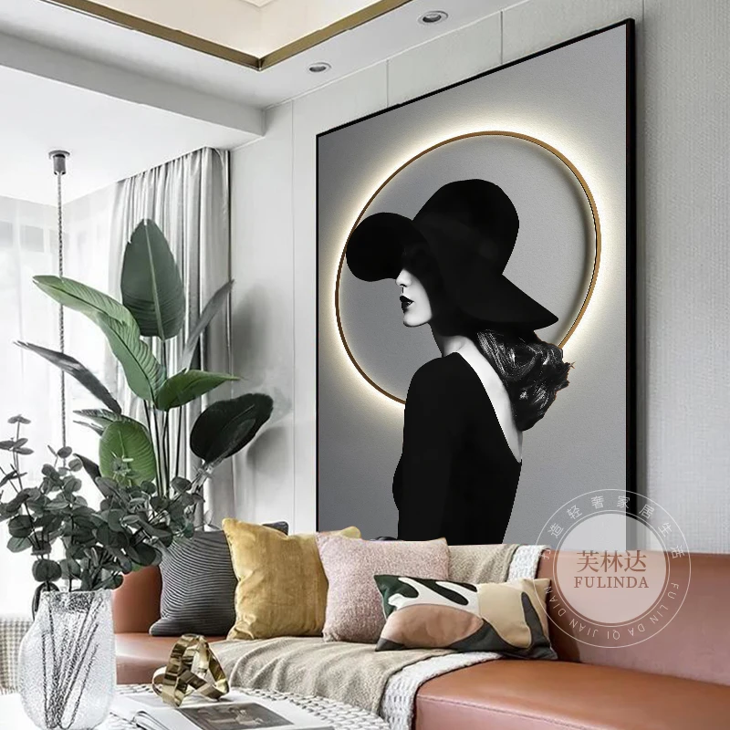 芙林达帽子女郎时尚客厅沙发背景墙装饰画现代轻奢高级感落地画
