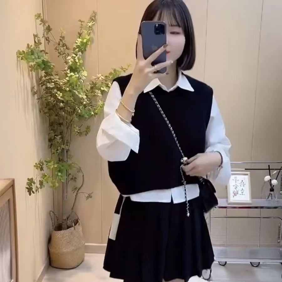 韩系针织毛衣两件套2025新款衬衫春秋宽松坎肩新中式毛衣长袖