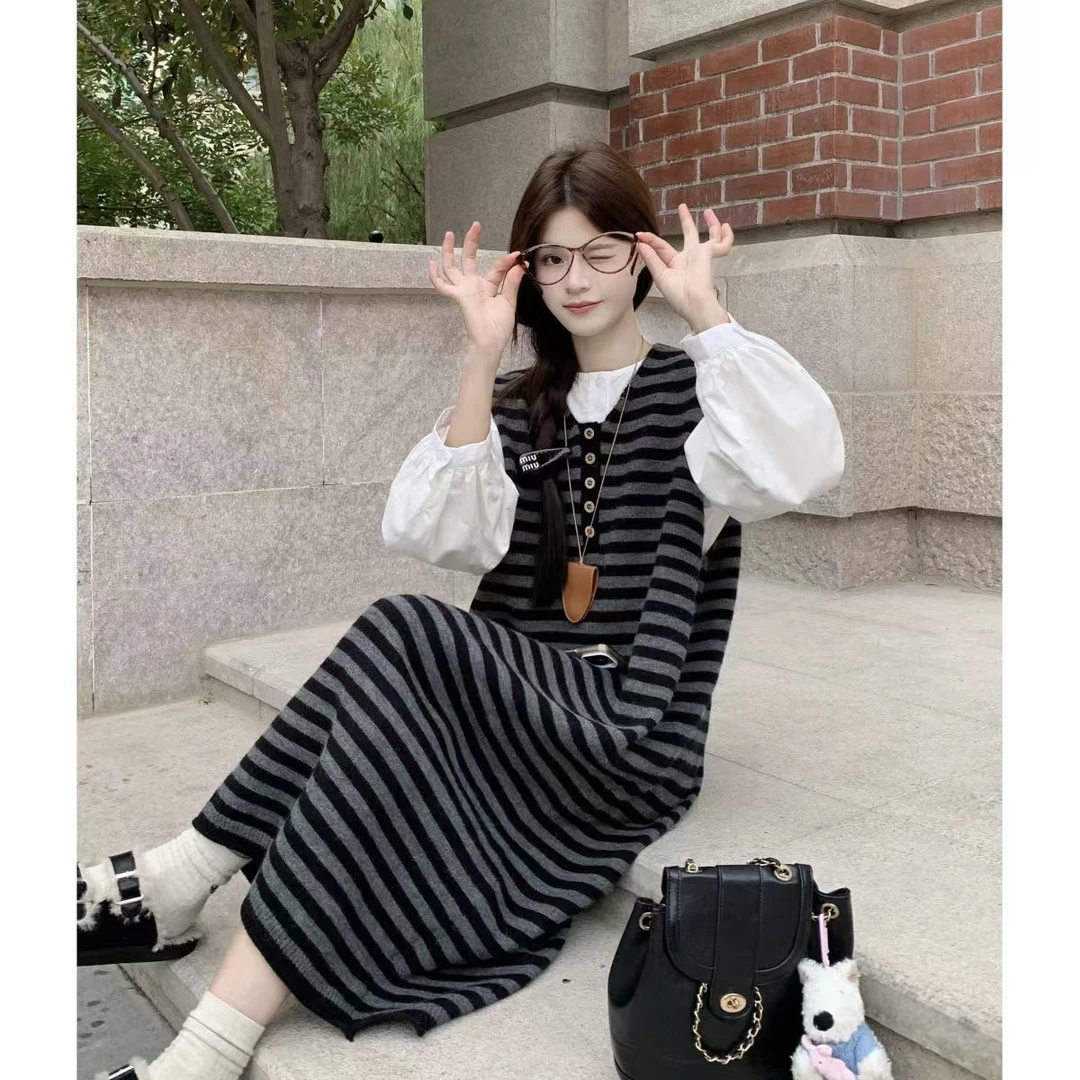 复古慵懒风条纹针织连衣裙女秋冬宽松洋气减龄打底背心马甲毛衣裙