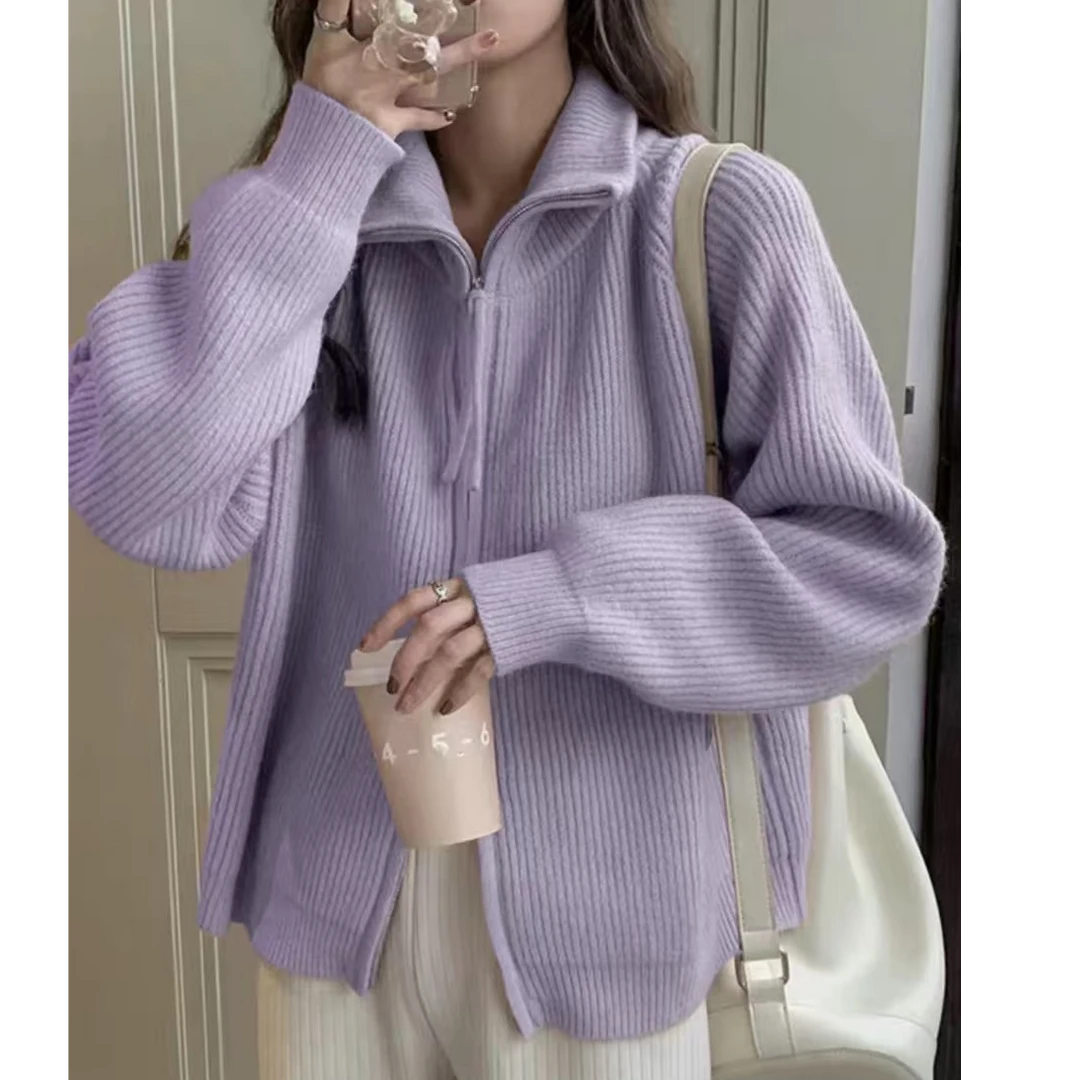 116拉链毛衣外套女秋冬设计感小众翻领宽松加厚针织开衫外穿上衣