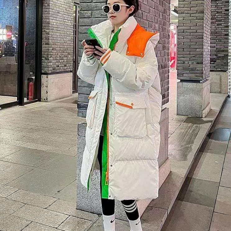 【心动讯号】白色宽松中长款拼色防风袖口连帽加厚鹅绒外套015