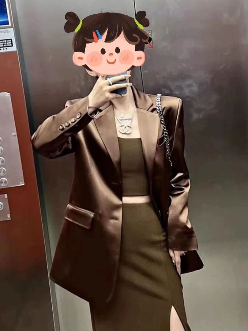 2025春季法式高级感御姐范网红炸街洋气质韩版醋酸缎面西装外套女