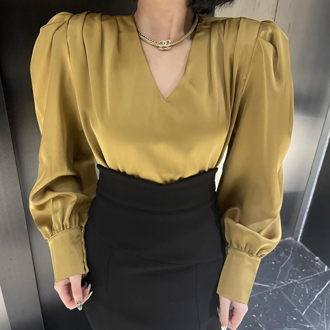 朝南发法式御姐时尚v领职业休闲缎面衬衫高级贵气质设计感衬衣女