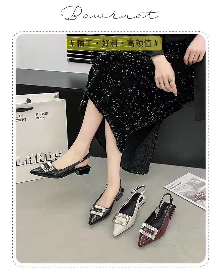 尖头方扣低跟包头鞋女仙女风2024新款春夏百搭粗跟后空单鞋2508-1
