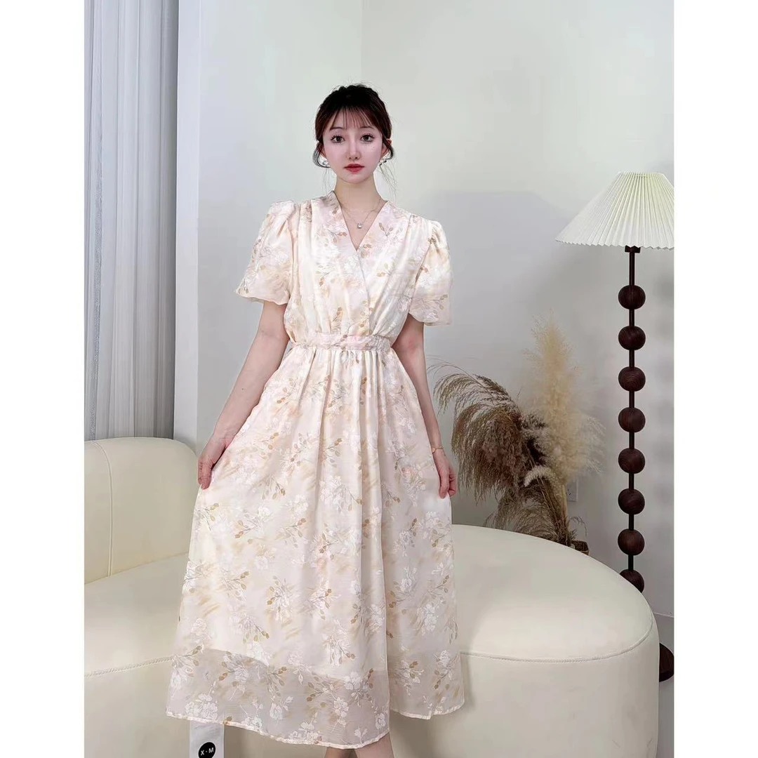 1-1813法式优雅V领气质碎花口袋裙