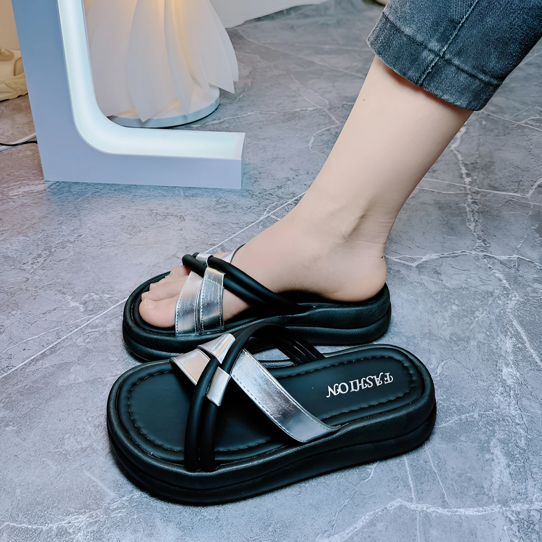 【专柜品质】新款夏季凉拖女厚底外穿一字拖鞋时尚踩屎感交叉