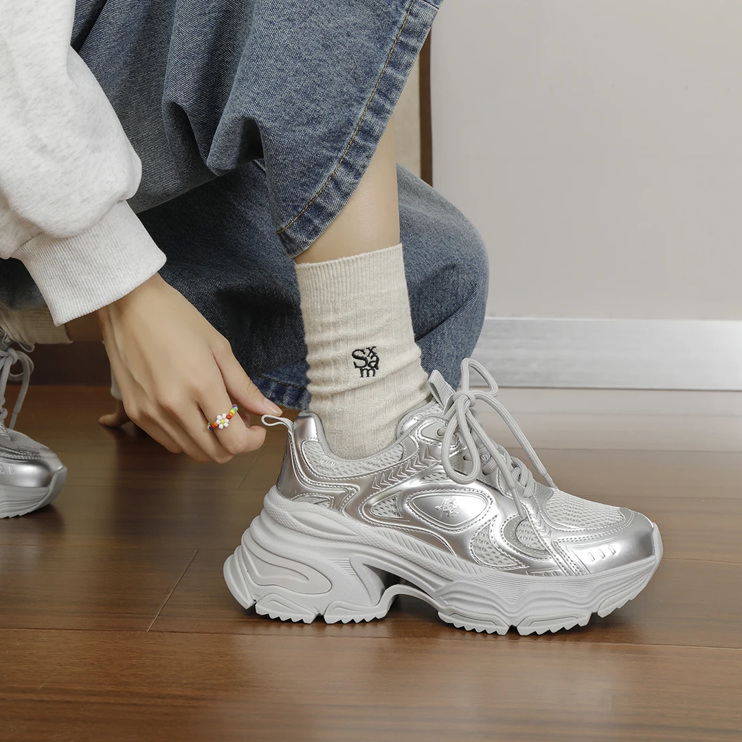 （清仓05）厚底老爹鞋春季新款独立星球运动鞋子银色脏脏休闲鞋