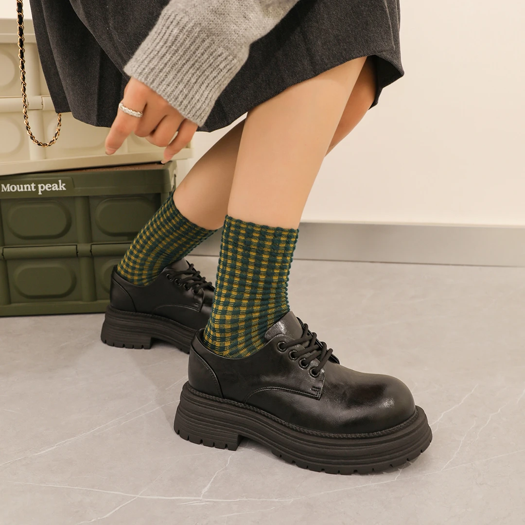 （清仓06）小皮鞋女2025新款增高日系圆头乐福鞋系带马丁春款