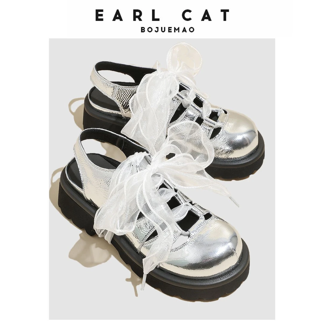 （清仓）包头凉鞋女2025夏季新款百搭银色圆头镂空两穿绑带单鞋