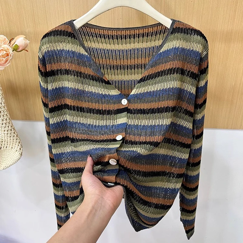 早秋新款V领实拍高级感复古拼色条纹长袖针织衫女薄款宽松上衣潮