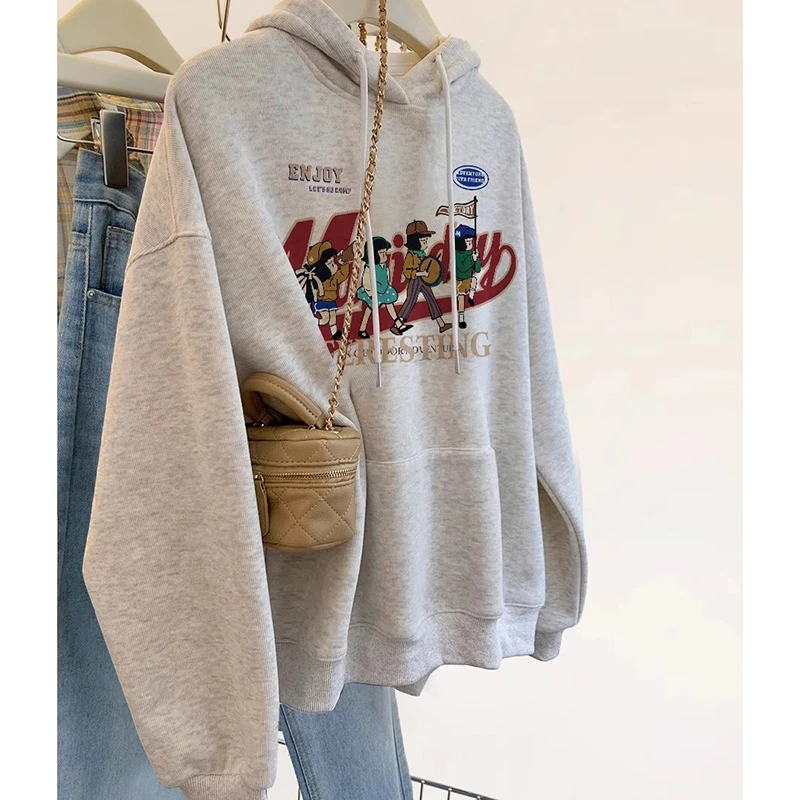 2025新款美式灰色正肩连帽卫衣女春秋慵懒风宽松套头长袖上衣