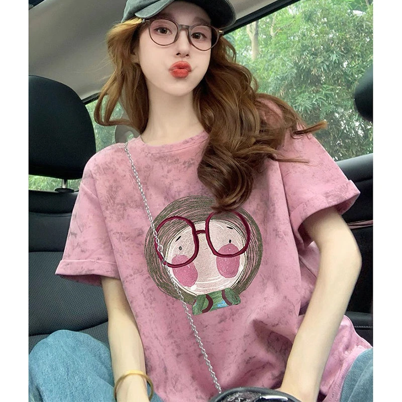2025新款夏季潮牌紫色扎染短袖t恤女欧货洋气卡通设计感正肩上衣
