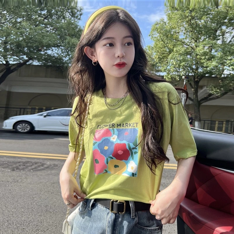 绿色纯棉短袖t恤女ins潮夏季宽松百搭花朵印花休闲半袖圆领上衣