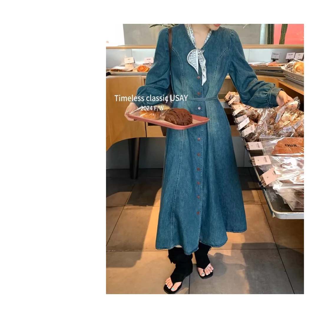 【复古女郎】温柔系软牛仔连衣裙（配丝带）