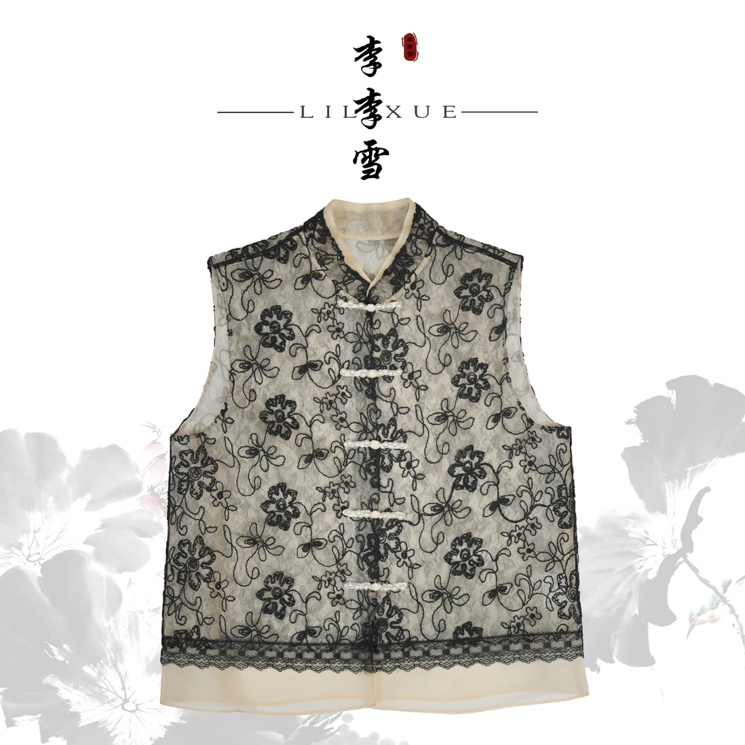 LILIXUE『线绣』新中式中国风桑蚕丝欧根纱百搭时尚马夹马甲26005-1