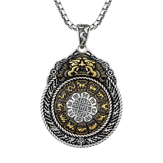 吊坠925银 纯银机关项链男士貔貅吊坠九宫八卦牌可转动装饰潮牌简