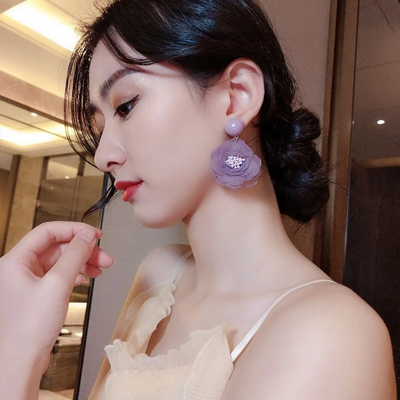S925银针复古港风雪纺花朵耳环浪漫法式少女耳饰耳钉2020年新款潮