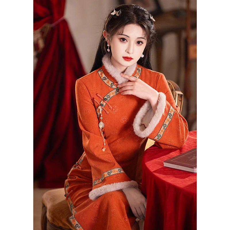 旗袍秋冬款加绒改良年轻款女新中式冬季过年衣服新年战袍气质橙色