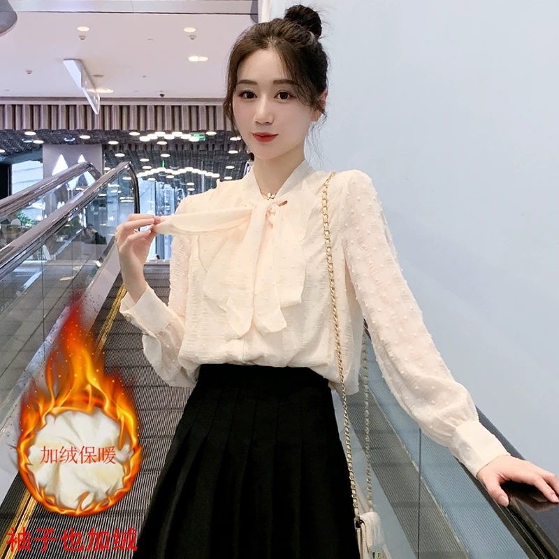 独特别致雪纺衬衫女2024秋冬新款内搭打底衫法式蝴蝶结小香风上衣